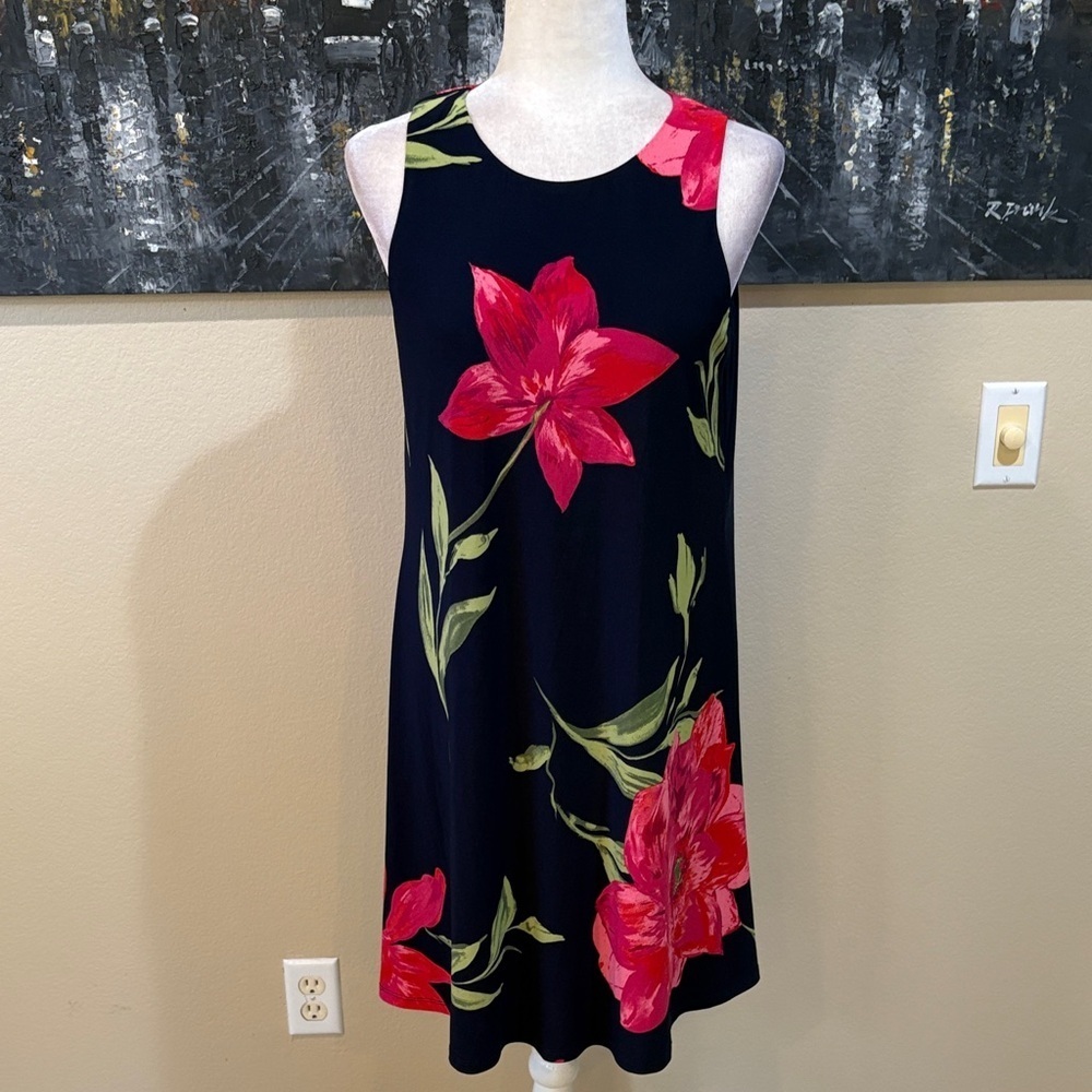 Anne Klein Navy Dress with Pink and Green Floral Design-Size 6